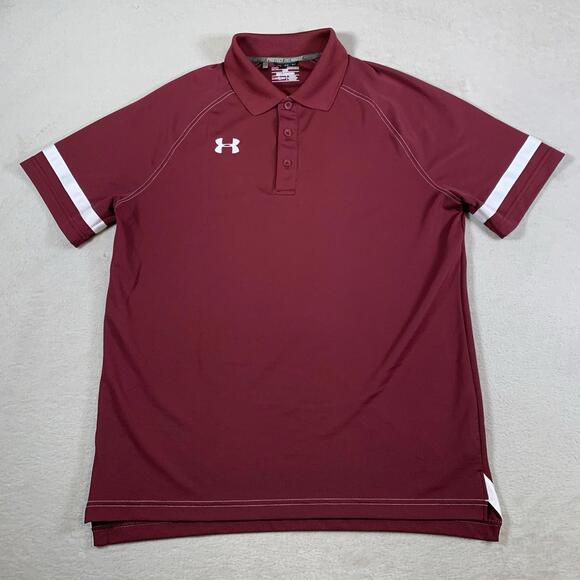 Under Armour Polo Shirt Mens Medium Maroon‎ Short Sleeve Loose Sports Protect UA - Picture 1 of 10